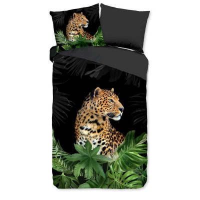 Afbeelding van Luxe Dekbedovertrek 135x200 cm Luipaard en Tropische Bladeren Print Zwart/Groen 1 Persoons Microfiber
