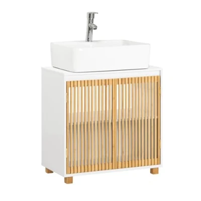 Afbeelding van SoBuy Wastafel Onderkast, Wastafelmeubel, Badkamer Badkamerkast, Wastafelkast met 2 Deuren in Bamboe voor Badkamer, Keuken, Spoelbak Opbergkast, L60 x P30 H61 cm, BZR125 W