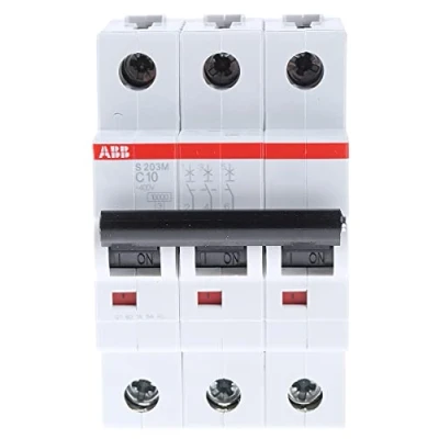 Afbeelding van Abb s203m installatieautomaat 3p c karakteristiek 10a iec en 60898 1 10 ka iec60947 2 15 3 module breedte 52 5mm 2cds273001r0104