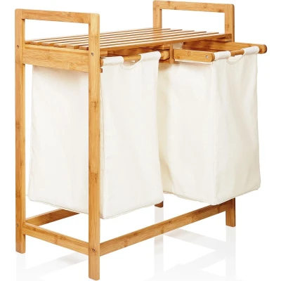 Afbeelding van Lumaland Wasmand van bamboe met 2 uitschuifbare waszakken 60 L Lichtbeige