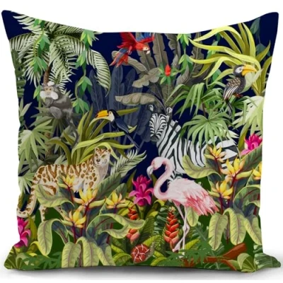 Afbeelding van KUNQIAN Kussenhoes buiten jungle tropische groene dieren kussensloop luipaard flamingo zebra decoratie, thuis, woonkamer, bank, cadeau, 45 x cm
