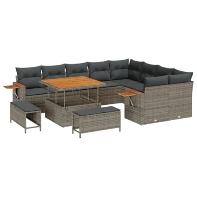 Afbeelding van vidaXL 12 delige Tuin Sofa Set met Kussens Grijs Poly Rattan Acacia, 3 Eet Acacia