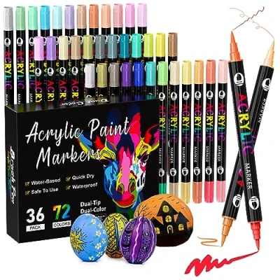 Afbeelding van Patamiyar acrylstiften voor stenen, waterbestendig, 72 kleuren/36 stiften, dubbele punt, acrylverf, schilderset, hout, glas, canvas, papier, keramiek, doe het zelf