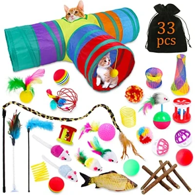 Afbeelding van TWBEST Kattenspeelgoed,33pcs Cat Interactive Wand Toy Set,Kattenspeelgoed Set voor Indoor Katten met Kattentunnels,Ballen,Veerspeelgoed,Pluche Speelgoed,Speelgoedmuizen etc