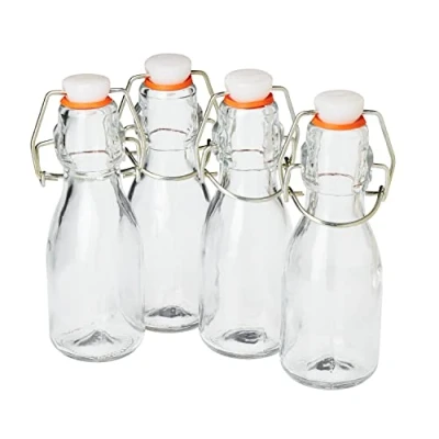 Afbeelding van VBS van 4 mini beugelflessen, 100 ml, 0,1 liter, glazen flessen met beugelsluiting, sapfles, jeneverfles, azijn, olie, likeurfles, om zelf te vullen, helder glas vullen