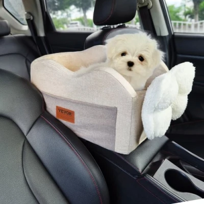 Afbeelding van VEVOR Console hondenautostoeltje, middenconsole hondenverhoger voor kleine hond, autozitje autoarmleuning met clip on riem, verstelbare riemen, ondersteunt tot 3,6 kg, lichtbruin