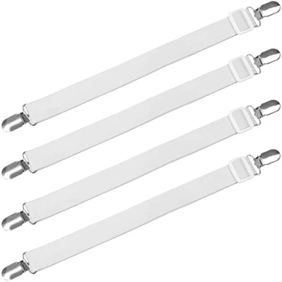 Afbeelding van TRIXES 4 x witte lakenclips sluitstukken in jarretelstijl platte en hoeslakens voor een matras verstelbare elastische band metalen clip te gebruiken dekbed, strijkplank, bankkussens
