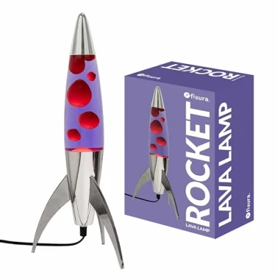 Afbeelding van Fisura paarse lavalamp &quot;rocket&quot;. Verchroomde basis, vloeistof en rode lava. Retro met een reserve gloeilamp. 20 cm x 45 cm.