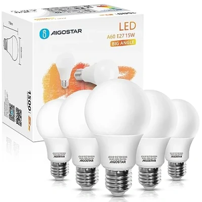 Afbeelding van Aigostar LED lamp A5 A60 15W E27 Fitting Warm Wit licht 3000K 1500 lumen Set van 5.