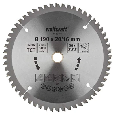 Afbeelding van Wolfcraft Cirkelzaagblad voor Hout, Dun Metaal en Plastic Fijn Zaagwerk 190 mm Asgat 20/16 56 Tanden Zaagdikte 2,5