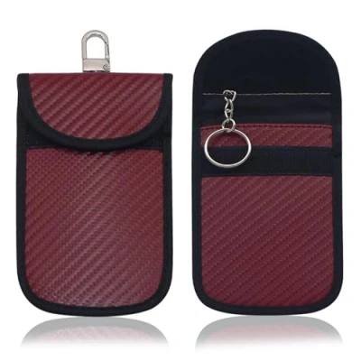 Afbeelding van JSUOEO Keyless Go Beschermingshoes voor autosleutels, 2 stuks, beschermhoes sleutels met RFID blokkering, koolstofvezel, leer, Faraday beschermhoes, rood