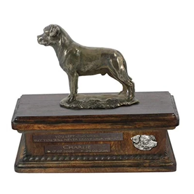 Afbeelding van Art Dog Custom Sitting Statue Memorial Urn Handgemaakt koud gegoten brons op berkenhouten voet 8,3x11,4x8,7 5l Rottweiler