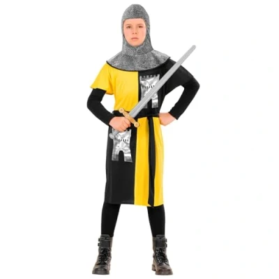 Afbeelding van Widmann Middeleeuwse &amp; Renaissance Strijders Kostuum Jonge Ridder Van Het Geelkasteel Jongen Geel, Zwart, Zilver Maat 140 Carnavalskleding Verkleedkleding