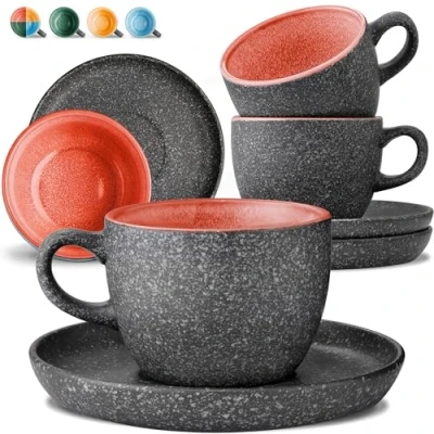 Afbeelding van Cosumy Cappuccinokopjes met Onderzetters Set van 4 200 ml Koffiekopjes Keramiek Gemaakt Aardewerk Handgemaakt, Reactief Glazuur Houdt Lang Warm (Rood)