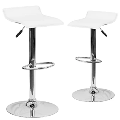 Afbeelding van Flash Furniture Athene 2 Pack Hedendaagse Witte Vinyl Verstelbare Hoogte Barkruk met Solid Wave Seat en Chrome Base