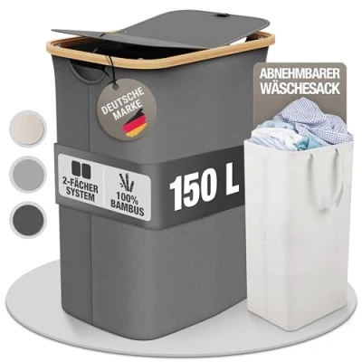 Afbeelding van Celeko Donker Wasmand, 2 vakken met deksel, 150 liter, bamboe stof, groot, XXL, wassorteerder, wasverzamelaar, grijs, donkergrijs, antraciet