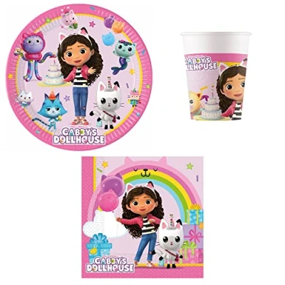 Afbeelding van Procos PRO10245291DY Partyset S Gabby&#039;s Dollhouse, 52 delige set, borden, bekers, servetten, wegwerpservies, serviesset