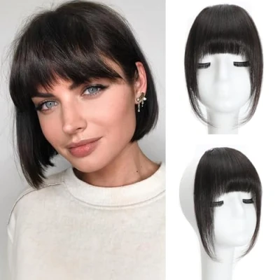 Afbeelding van Clip in Pony 100% Echt Menselijk Franse Haar Dunne Op Haarstukje Met Tempel Wispy Hair Extensions voor Vrouwen (Bruin Zwart, Pony)