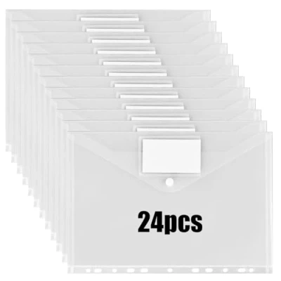 Afbeelding van Documentenmap A4, 24 stuks, transparante documententas, kunststof, map met klittenbandsluiting, etikettentas, 11 gaten, uitbreidbare waterdichte verzamelmap voor documentenorganizer