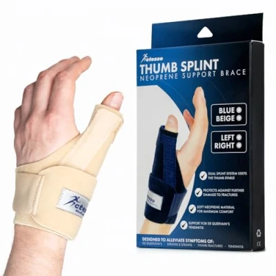 Afbeelding van Neopreen Duimbrace Spica van Actesso Spalk Verlicht pijn aan de Duim, Duimblessures, Peesontsteking Pols, Syndroom Quervain en Kneuzingen. Verkrijgbaar voor Linker Rechterduim. (Links, Beige)