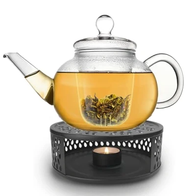 Afbeelding van Creano theepot van glas 1,2 l + zwart stoofje roestvrij staal glazen met zeef en deksel ideaal voor het bereiden losse thee 100% druppelvrij