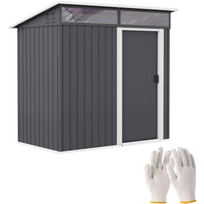 Afbeelding van Outsunny Metall Gerätehaus 1,9m² 195x122x182cm Geräteschuppen mit Fundament Pultdach Fenster Schiebetür Haken Handschuhe wetterfest Gartenhaus Outdoor Garten Schuppen für Hinterhof Dunkelgrau