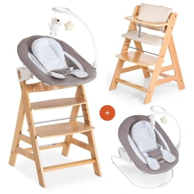 Afbeelding van hauck Kinderstoel Alpha Plus Newborn Set Deluxe 5 delige Houten Meegroeistoel vanaf de Geboorte incl. Wipstoeltje, Zitkussens, Speelmobiel en Gordel Natural