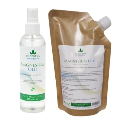 Afbeelding van Magnesiumolie 500 ml navulfles en 200 spray van Ré genesis Magnesiumspray Magnesiumchloride Spierolie voordeelpakket