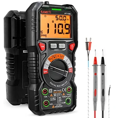 Afbeelding van Kaiweets Digitale multimeter met led bussen, stroommeter CAT III 1000 V, IV 600 V True RMS Auto Range 6000 teller, meet spanning, capaciteit, temperatuur, weerstand voor elektriciens