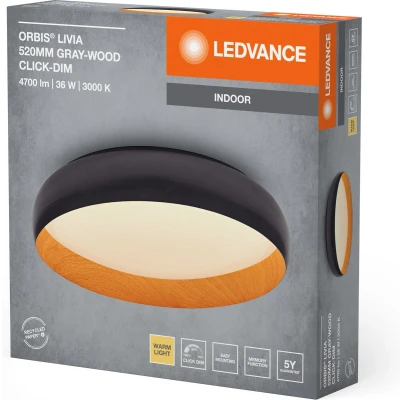 Afbeelding van LEDVANCE ORBIS Livia LED Deckenleuchte mit Metallring, grau/Holzdekor, 36W, 2000lm, 3000K, 520mm, 830 freundliches Warmweiß, durch Klicken in 3 Stufen dimmbar, IP20, Schrauben/Dübel inklusive