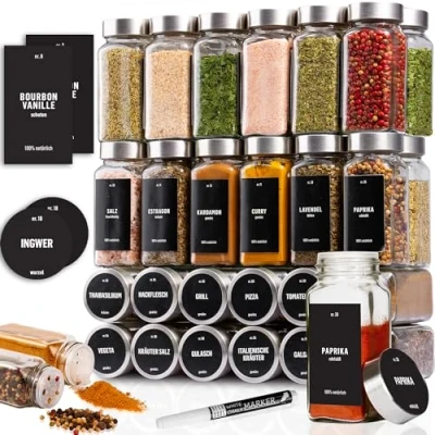 Afbeelding van Deco Haus® Kruidenpotten Vierkant Luchtdicht 36 Delige Set [incl. Etiketten &amp; Strooier] Glazen Kruidenpotjes Kruidencontainers Spice Jars Kruidenopslag Containers voor Kruiden
