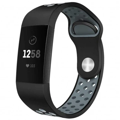 Afbeelding van Siliconen sport bandje voor de Fitbit Charge 3 / 4 Zwart Grijs iMoshion En TPU (zacht)