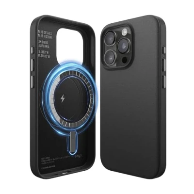 Afbeelding van elago Magnetische Leren Hoesje Compatibel met iPhone 15 Pro Case, MagSafe, Veganistisch PU Leer, Sterke Magneten, Volledige Lichaamsbescherming [5 laags structuur] (Zwart)