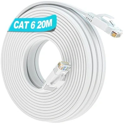 Afbeelding van Soibke LAN kabel 20 Meter platte band, Cat 6 netwerkkabel wifi 20m witte hoge snelheid gigabit ethernetkabel lange internetkabel RJ45 dunne patchkoord flexibel compatibel met Cat.5 Cat.5e