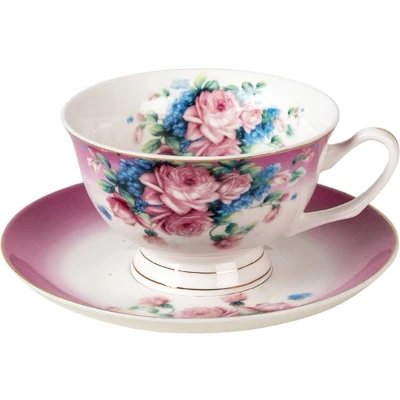 Afbeelding van Clayre &amp; Eef Kop en schotel 200 ml Paars Porselein Rond Bloemen Servies