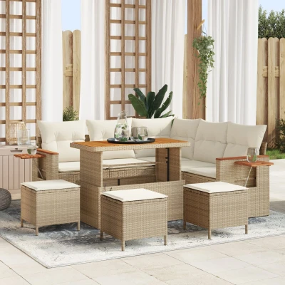 Afbeelding van vidaXL 9 delige tuinsofa set met kussens in beige van poly rattan en acacia