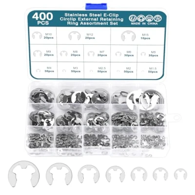 Afbeelding van HSEAMALL 400 stuks Circlips, Snap Rings C Clips Set, borgringen Circlips Externe RVS E 1,5 15 mm (13 maten) voor gegroefde assen, pennen, studs