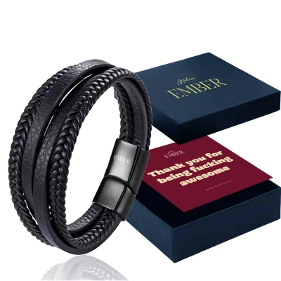 Afbeelding van Atelier EMBER Handgemaakte Leren Armband Heren Zwart RVS 20 CM + 1,5 Luxe Sieradendoos Cadeau voor Mannen Verjaardag, Papa, Vader, Opa, Vriend Geschenkset Cadeaupakket