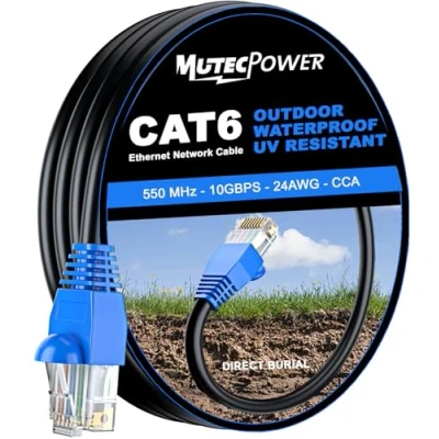 Afbeelding van MutecPower 15m CAT6 ethernet netwerkkabel voor buitengebruik Direct Burial waterdicht, UV en weerbestendig UTP CCA 250 MHz 15 meter kabel zwart met kabelbinders