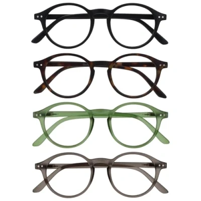 Afbeelding van OPULIZE REY Leesbril 4 Pack Retro Rond Montuur Matzwart, Bruin Schildpadpatroon, Groen, Grijs Heren Dames Veerscharnieren RRRR56 1267 +3.00