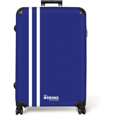 Afbeelding van NoBoringSuitcases.com® Koffer groot Reiskoffer lichtgewicht Koningsblauwe achtergrond met dubbele witte zijstrepen links Rolkoffer 4 wielen Grote trolley XL 98 liter bagage