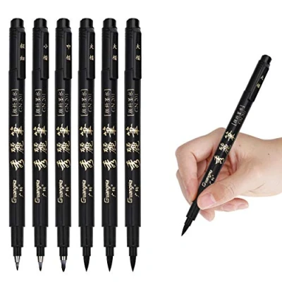 Afbeelding van Kalligrafiepen, 4 maten, penseelset, zwart, voor belettering, journaling, handtekening, kunsttekening, 6 stuks