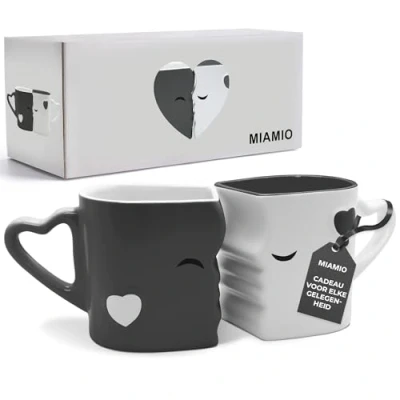 Afbeelding van MIAMIO Koffiemokken / 2 stuks kusmokken keramiek in cadeaubox (Grijs)