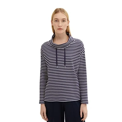 Afbeelding van TOM TAILOR Dames Sweatshirt met sjaalkraag 1024522, 31193 Navy Offwhite Stripe, S