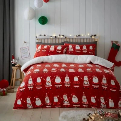 Afbeelding van Bedlam Kerst teddybeer fleece dekbedovertrek Eenpersoons beddengoed (140 x 200 cm) omkeerbaar 1x kussensloop met kerstman/vader Kerstmis rood kerstbeddengoed