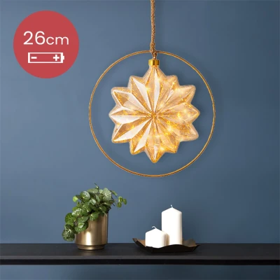Afbeelding van Poolster met jute touw en koperen ring 15 LED lampjes 26cm Amber glas