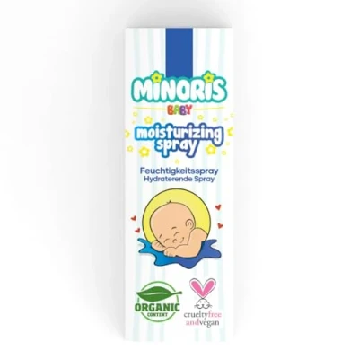 Afbeelding van Minoris Baby Hydraterende Spray Biologisch, Op Waterbasis, Dermatologisch Getest Met Sheaboter, Kamille, Ceramiden pH 5.5, Hypoallergeen, Niet Vettig, Kalmerend, Diepe Hydratatie 100 ml