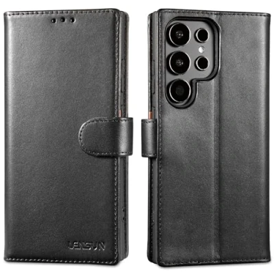 Afbeelding van LENSUN echt leren hoes voor Samsung Galaxy S24 Ultra, telefoonhoes van leer, RFID bescherming, standfunctie, zwart