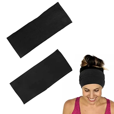Afbeelding van 2 brede haarbanden, zwarte 9 cm haarband en donkergrijze 12 haarband, zweetabsorberende sporthoofdband, elastische zomerhoofdband, fitnesshoofdband