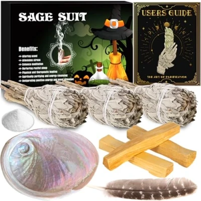Afbeelding van JEDWKFA salie rookset witte wierookstokjes set 3 + Palo Santo 1 veer abalone schelp fumigatie negatieve energie wierookkegelset voor het schoonmaken van huis